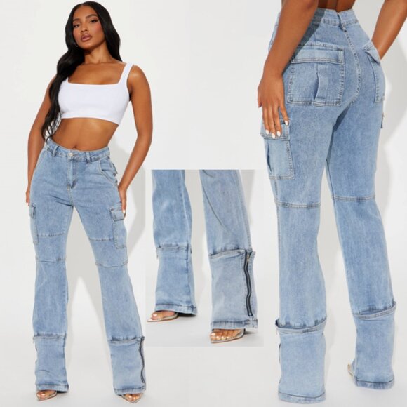 FASHION NOVA CAMDEN CARGO UTILITY JEANS LIGHT WASH SIZE MEDIUM PRELOVED - Picture 1 of 1